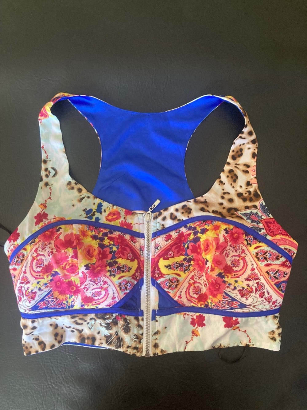 New bebe 2b cream blue colorful zipper front bustier corset cropped top XL